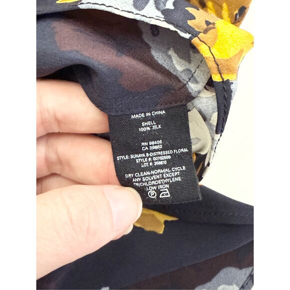 Theory Womens Navy Gold Sunaya Floral Silk Long Sleeve Button Up Blouse Medium - Picture 6 of 6